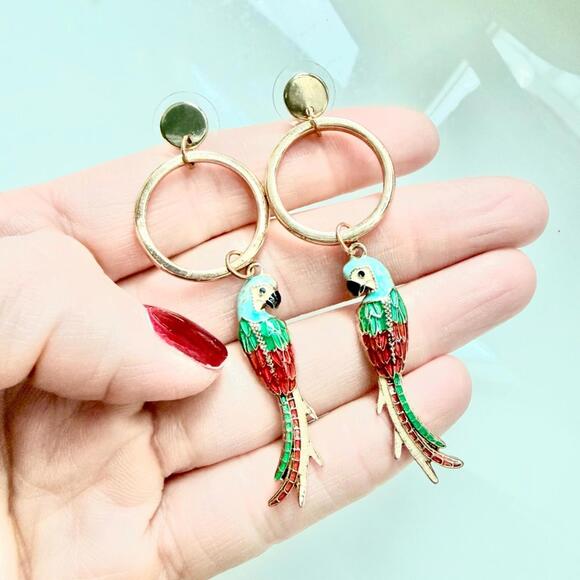 Y2K Tropical Enamel Parrot Drop Earrings Gold Hoop 2.75” Statement - Picture 2 of 6
